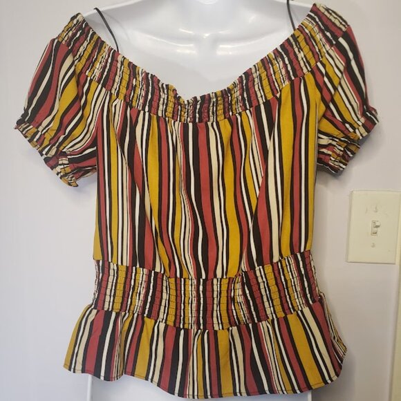 Women's Multi Color, Stripe, Off Shoulder, Ruffled Sleeves & waist tie Blouse M - Picture 2 of 8
